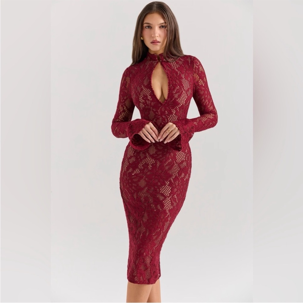 House of CB Pierette Berry Lace Midi Dress Large Elegant Dress, MEDIUM